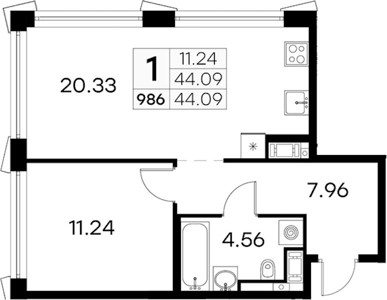 1-комнатная квартира 44.09 м², 18/19 эт., ЖК «GloraX Aura Vasileostrovsky»